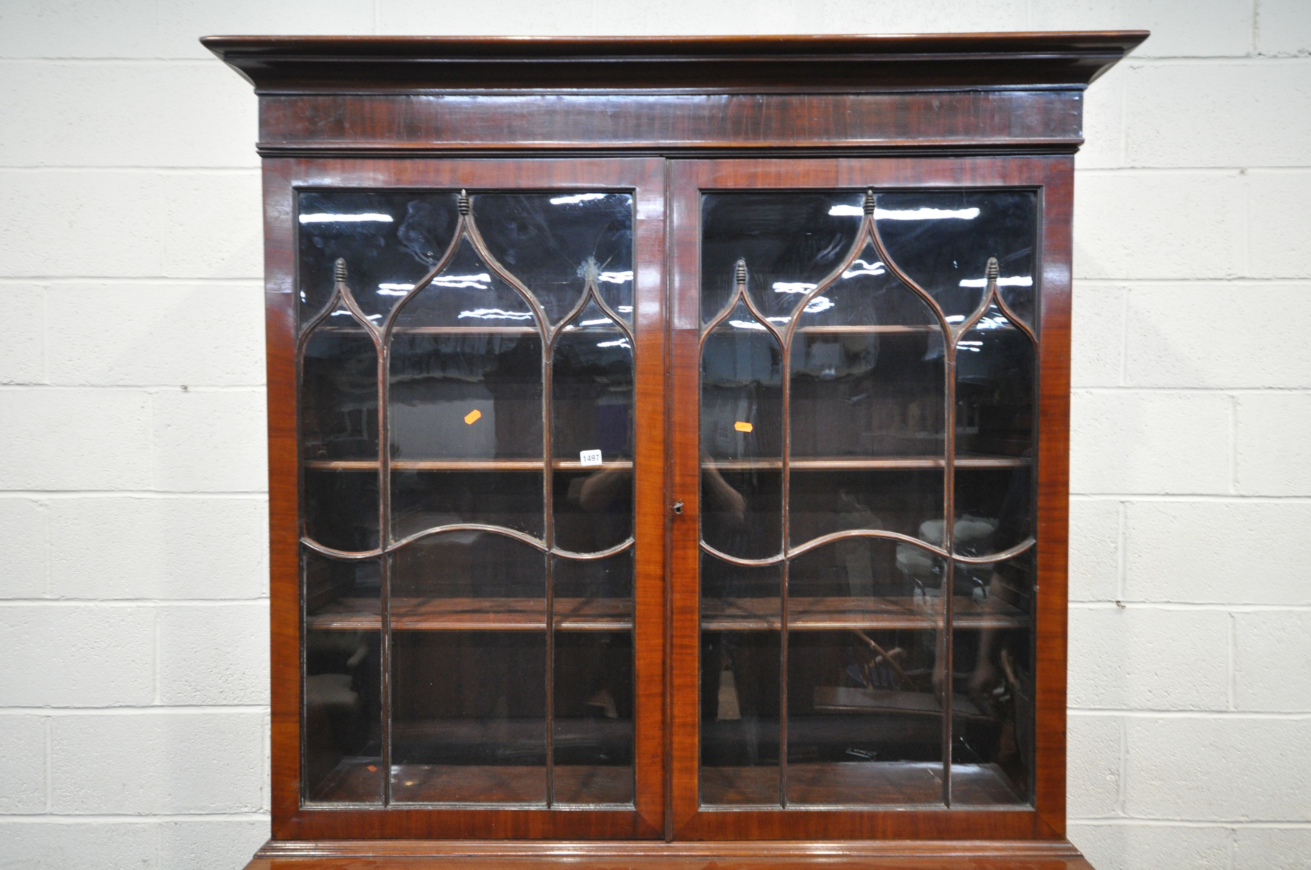 A GEORGE III MAHOGANY SECRETAIRE BOOKCASE, the top with an overhanging cornice, double astragal - Image 2 of 7