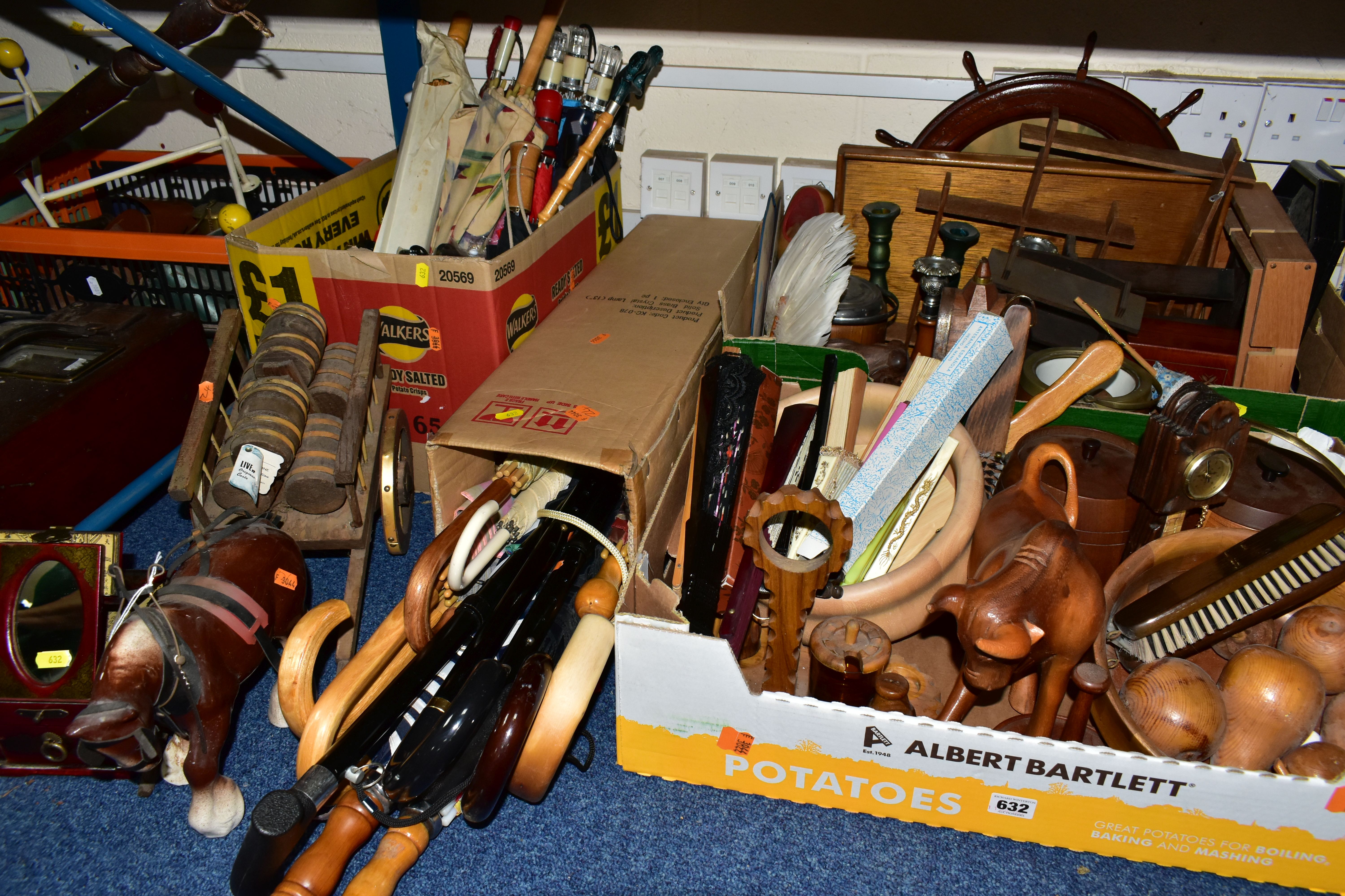 FOUR BOXES AND LOOSE TREEN, UMBRELLAS AND SUNDRY ITEMS, to include wooden biscuit barrels, fruit