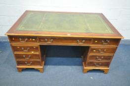 A YEW WOOD PEDESTAL DESK, with green and tooled leather inlay, and eight assorted drawers, length