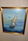 BAILLIE (20TH CENTURY) A MARITIME OIL ON CANVAS DEPICTING A SQUARE RIGGED SHIP UNDER SAIL, signed