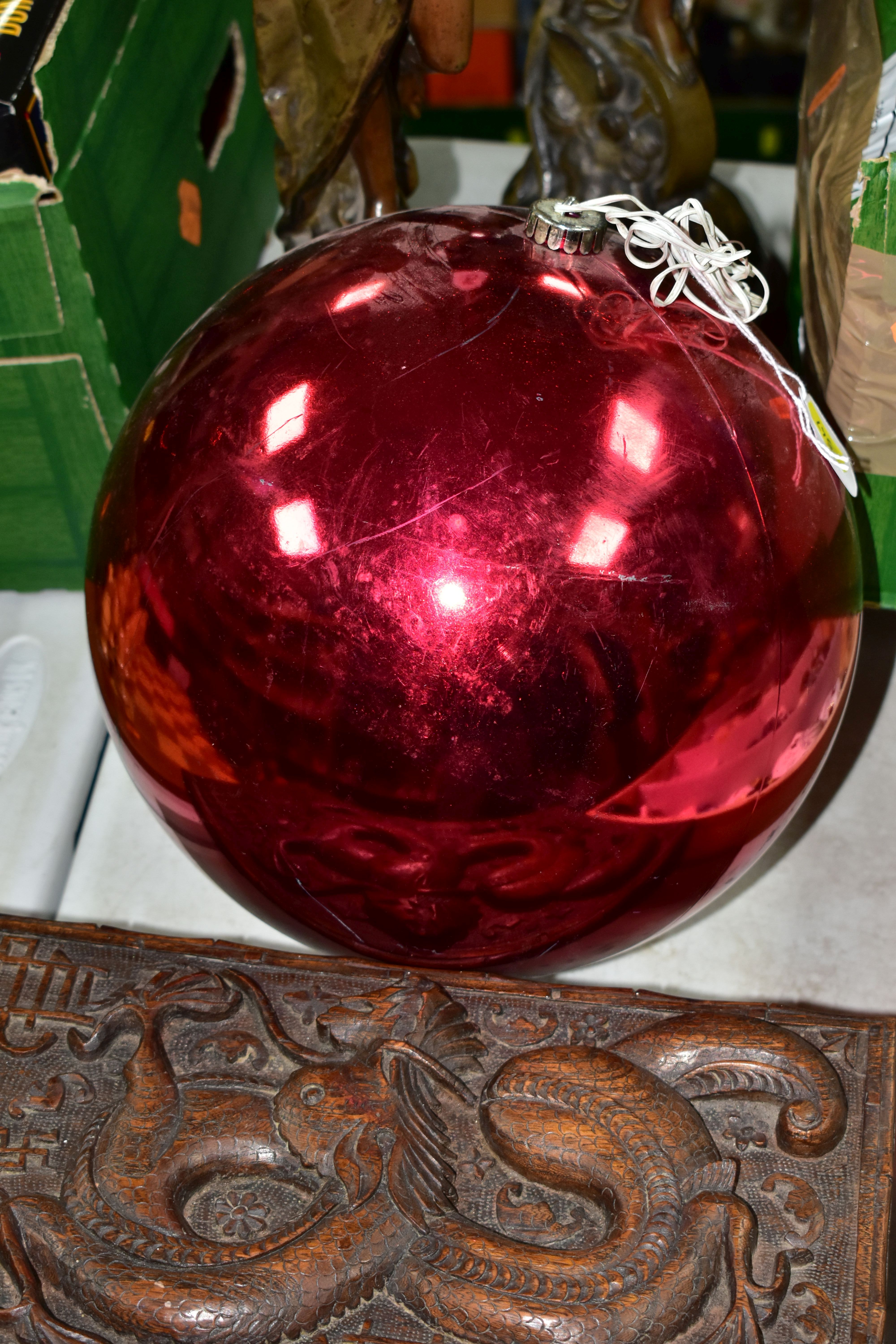 TWO PAINTED SPELTER FIGURES, 'La Paix' and 'La Fortune,' height 48cm, a large red Christmas - Image 2 of 6