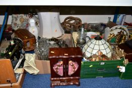 FIVE BOXES AND LOOSE GLASSWARE AND HOUSEHOLD SUNDRIES, comprising of a 'Tiffany' style table lamp,