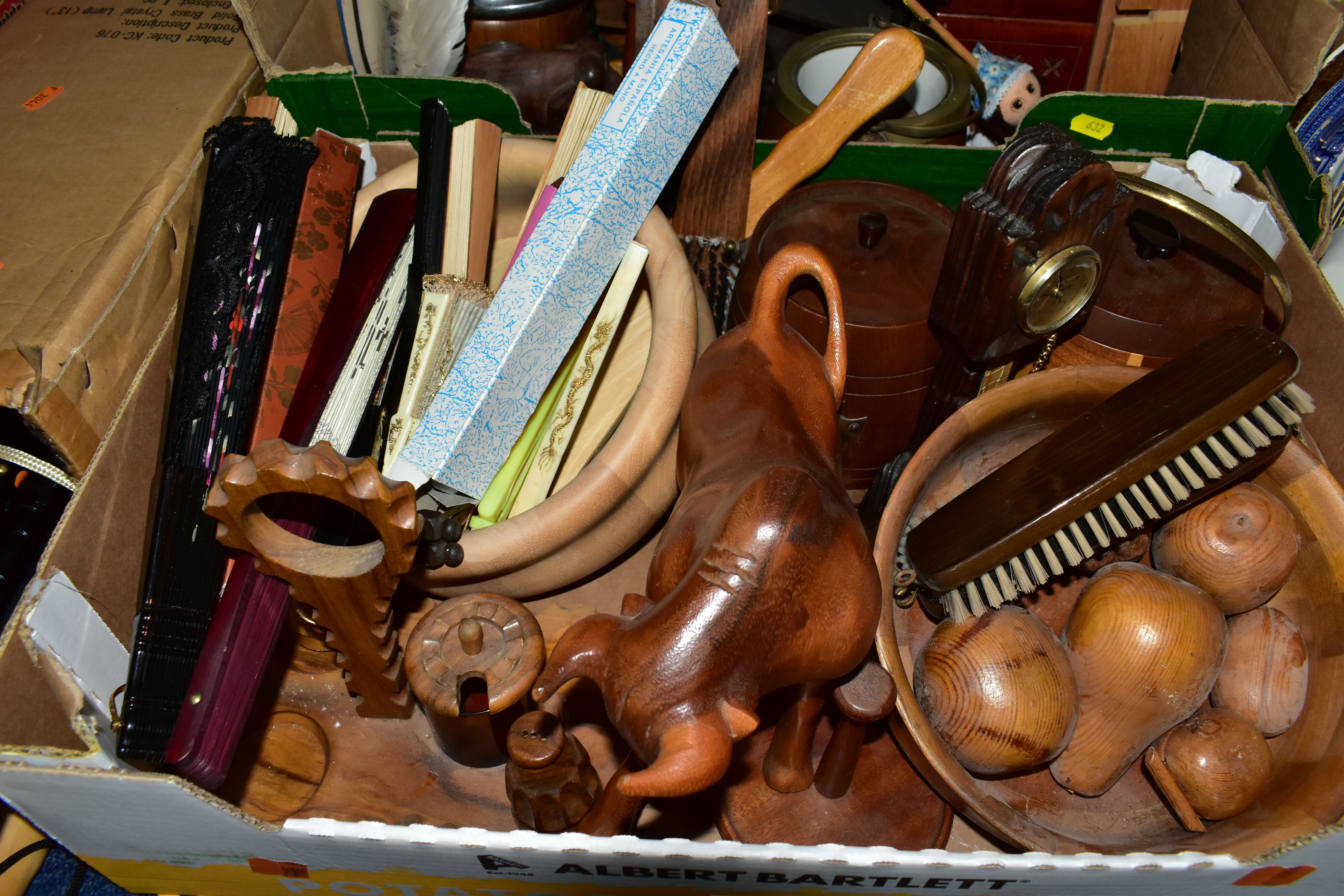 FOUR BOXES AND LOOSE TREEN, UMBRELLAS AND SUNDRY ITEMS, to include wooden biscuit barrels, fruit - Image 2 of 6