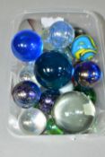 TWENTY ASSORTED GLASS MARBLES, mostly oversized, largest diameter 5cm, together with a blue