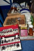 FOUR BOXES AND LOOSE CERAMICS, GLASS, COINS, AND SUNDRY ITEMS, to include Players glass and