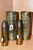 FOUR PIECES OF TRENCH ART, comprising a pair of shell cases engraved 'Belgique 1917', marked to