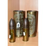 FOUR PIECES OF TRENCH ART, comprising a pair of shell cases engraved 'Belgique 1917', marked to