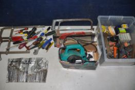 TWO TUBS OF ELECTRICAL AND HANDTOOLS to include staple guns, hammers, socket sets, electrical