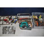 TWO TUBS OF ELECTRICAL AND HANDTOOLS to include staple guns, hammers, socket sets, electrical