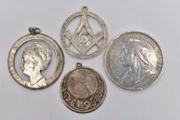 A QUEEN VICTORIA SILVER CROWN COIN AND THREE WHITE METAL MEDALLIONS, the silver crown dated 1893