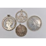 A QUEEN VICTORIA SILVER CROWN COIN AND THREE WHITE METAL MEDALLIONS, the silver crown dated 1893