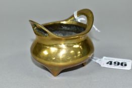 A SMALL BRASS CENSER, standing on three short legs, having two handles, and character marks to base,