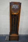 AN ART DECO OAK CASED LONG CASE CLOCK, height 183cm (three weights and a pendulum)