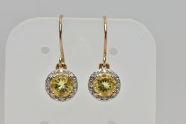 A PAIR OF YELLOW METAL GEM SET EARRINGS, each designed with a circular drop set centrally with a