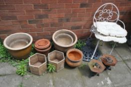 A SELECTION OF GARDEN PLANTERS, of various styles and materials, along with a pair of metal pagoda