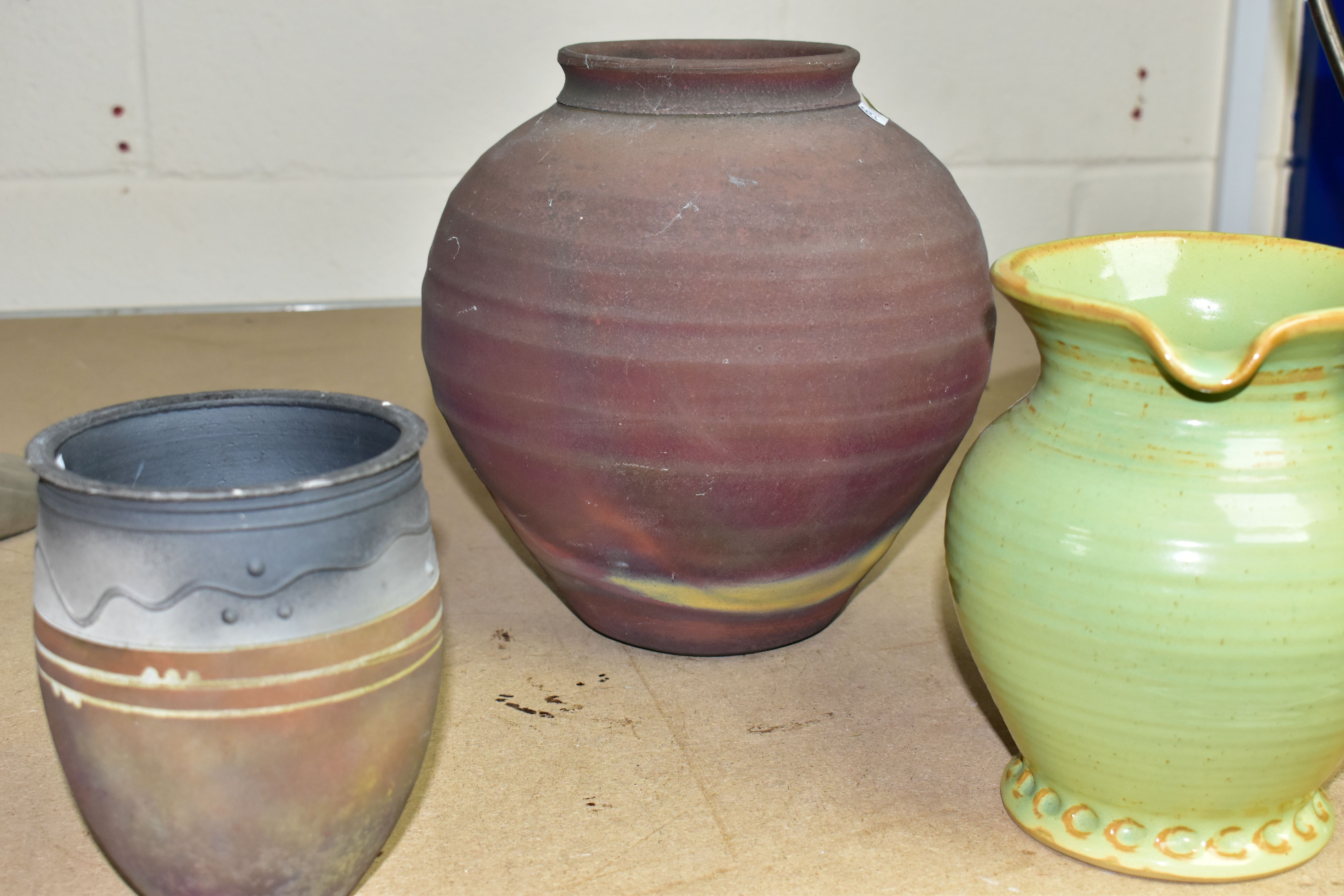 A LAWRENCE MCGOWAN JUG AND OTHER PIECES OF STUDIO POTTERY, four pieces comprising a tall jug painted - Image 7 of 7