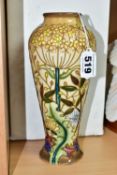 A BOXED MOORCROFT POTTERY TRIAL BALUSTER VASE IN A VARIATION OF THE RYDEN LANE PATTERN, painted '