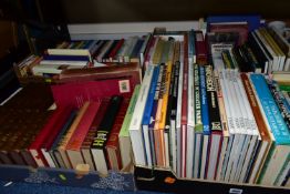 FOUR BOXES OF BOOKS, approximately one hundred and twenty titles to include travel, mathematics,