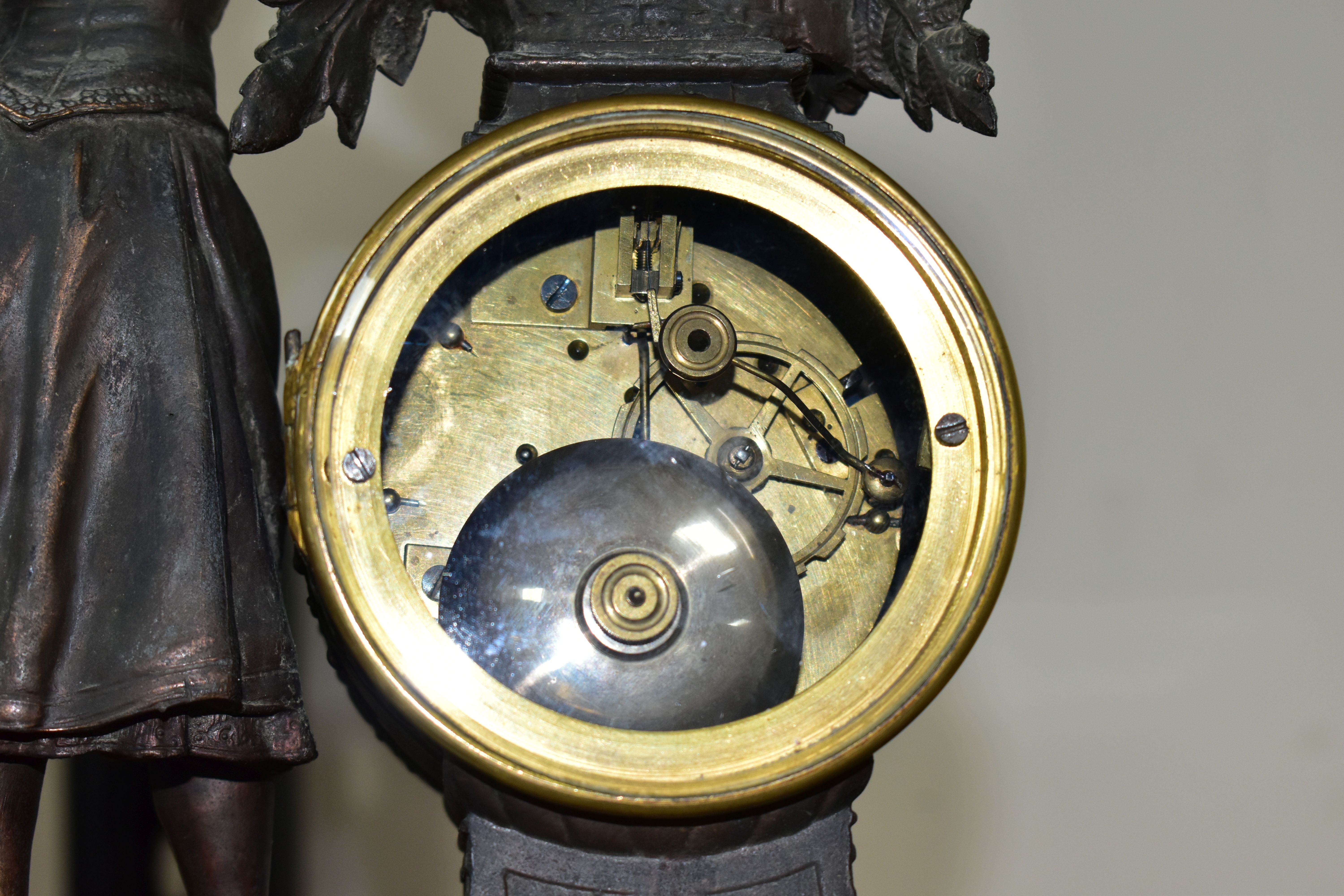 A CLOCK GARNITURE WITH GILT SLATE PANELS, the dial having gilt Roman numeral hour markers and worn - Image 7 of 7