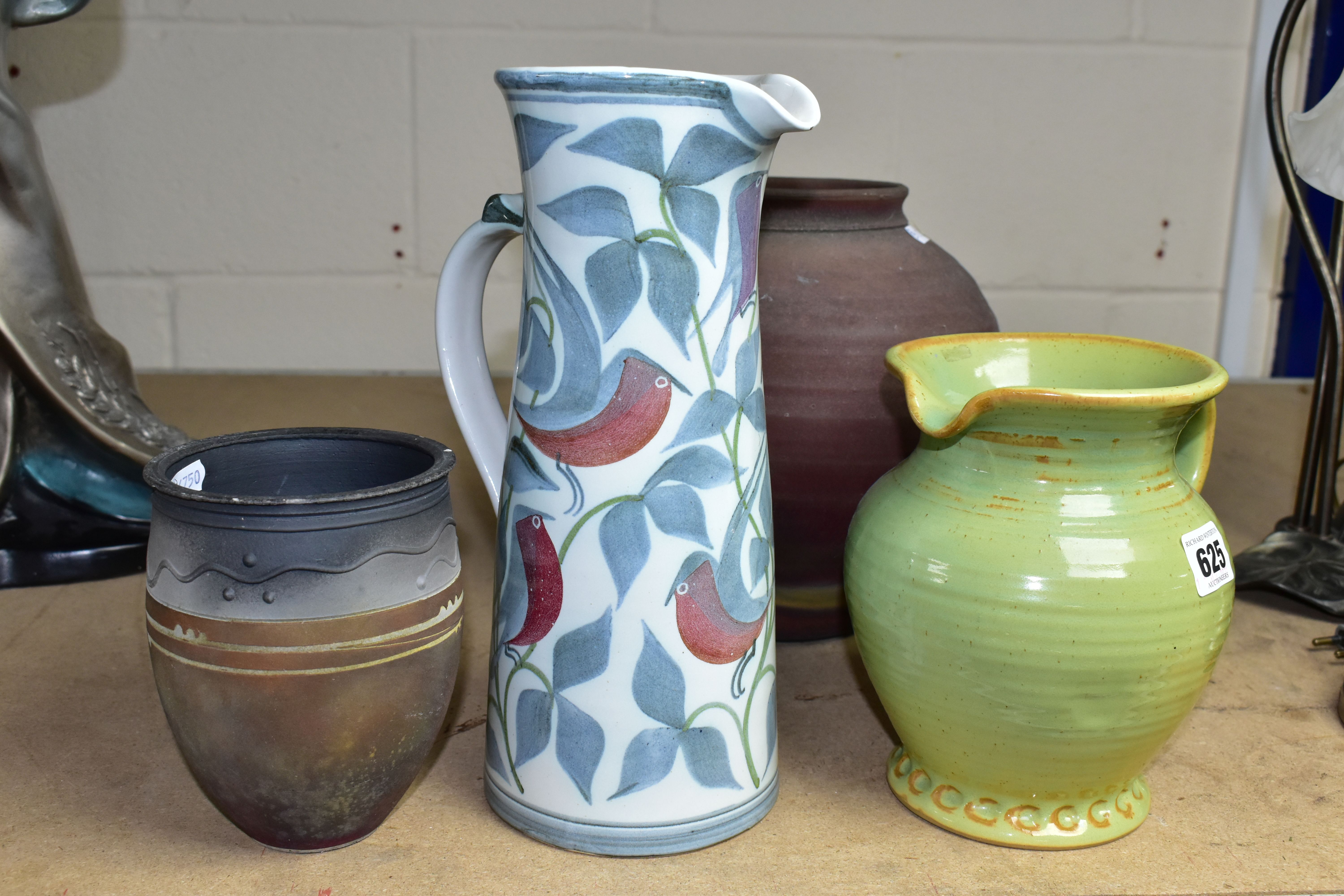 A LAWRENCE MCGOWAN JUG AND OTHER PIECES OF STUDIO POTTERY, four pieces comprising a tall jug painted - Image 3 of 7