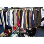 A QUANTITY OF MENS AND WOMENS CLOTHING, SHOES AND SUITCASES, to include men's jackets and suits,