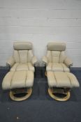 A PAIR OF CREAM LEATHER STRESSLESS STYLE ARMCHAIRS, with footstools (condition - one seat well worn)