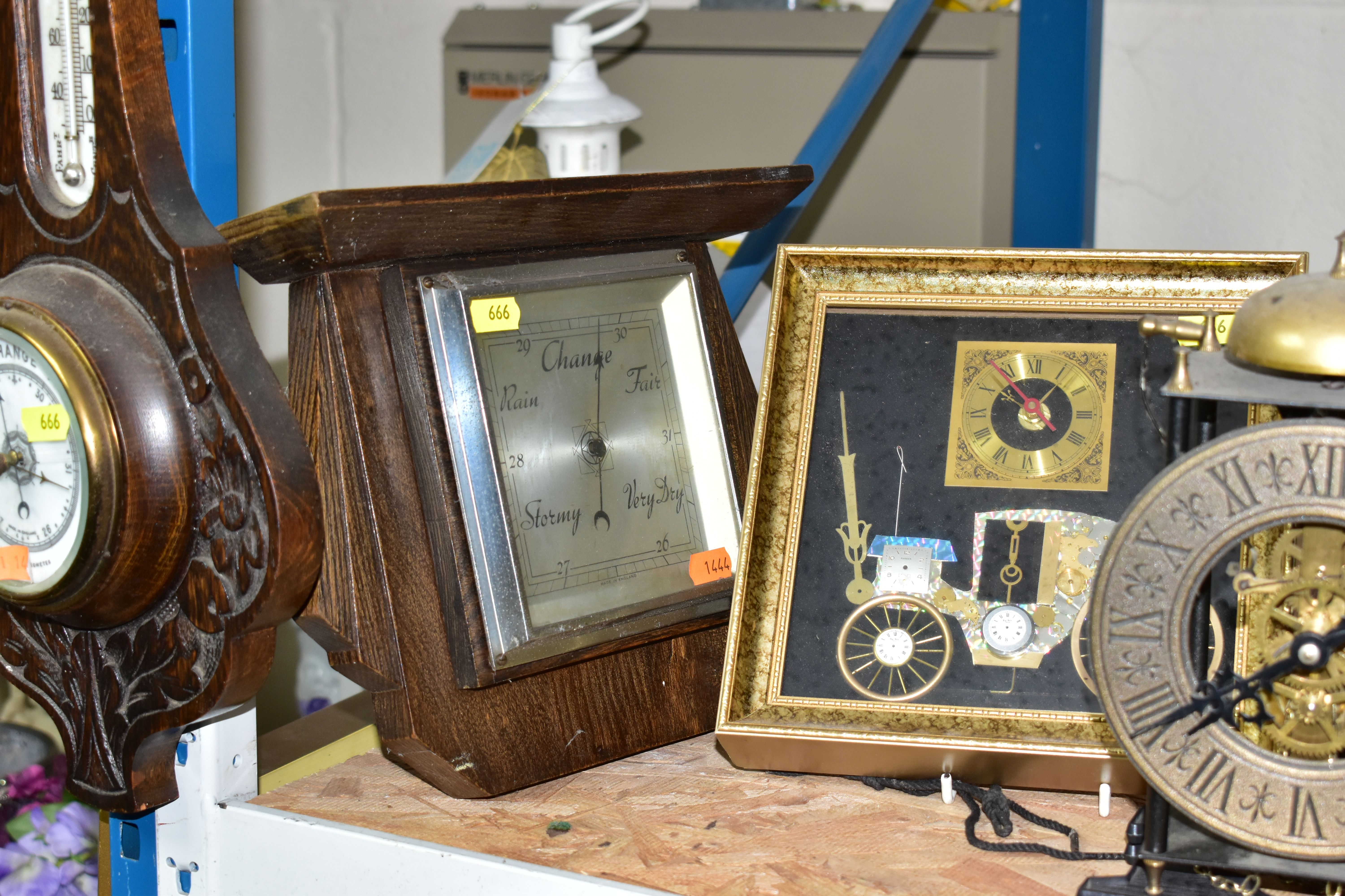 A COLLECTION OF ASSORTED CLOCKS AND BAROMETERS, including three oak cased mantel clocks, a battery - Image 4 of 8