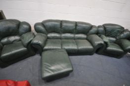 A GREEN LEATHER FOUR PIECE LOUNGE SUITE, comprising a two seater sofa, two armchairs, and a