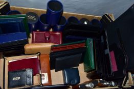 A BOX OF LEATHER GIFT WARES ETC, to include hip flasks, notebook holders, wallets branded Honda,