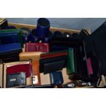 A BOX OF LEATHER GIFT WARES ETC, to include hip flasks, notebook holders, wallets branded Honda,