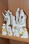 SEVEN ROYAL DOULTON FIGURES / FIGURE GROUPS AND A COALPORT BRIDE AND GROOM, comprising 'Sit' HN3123,