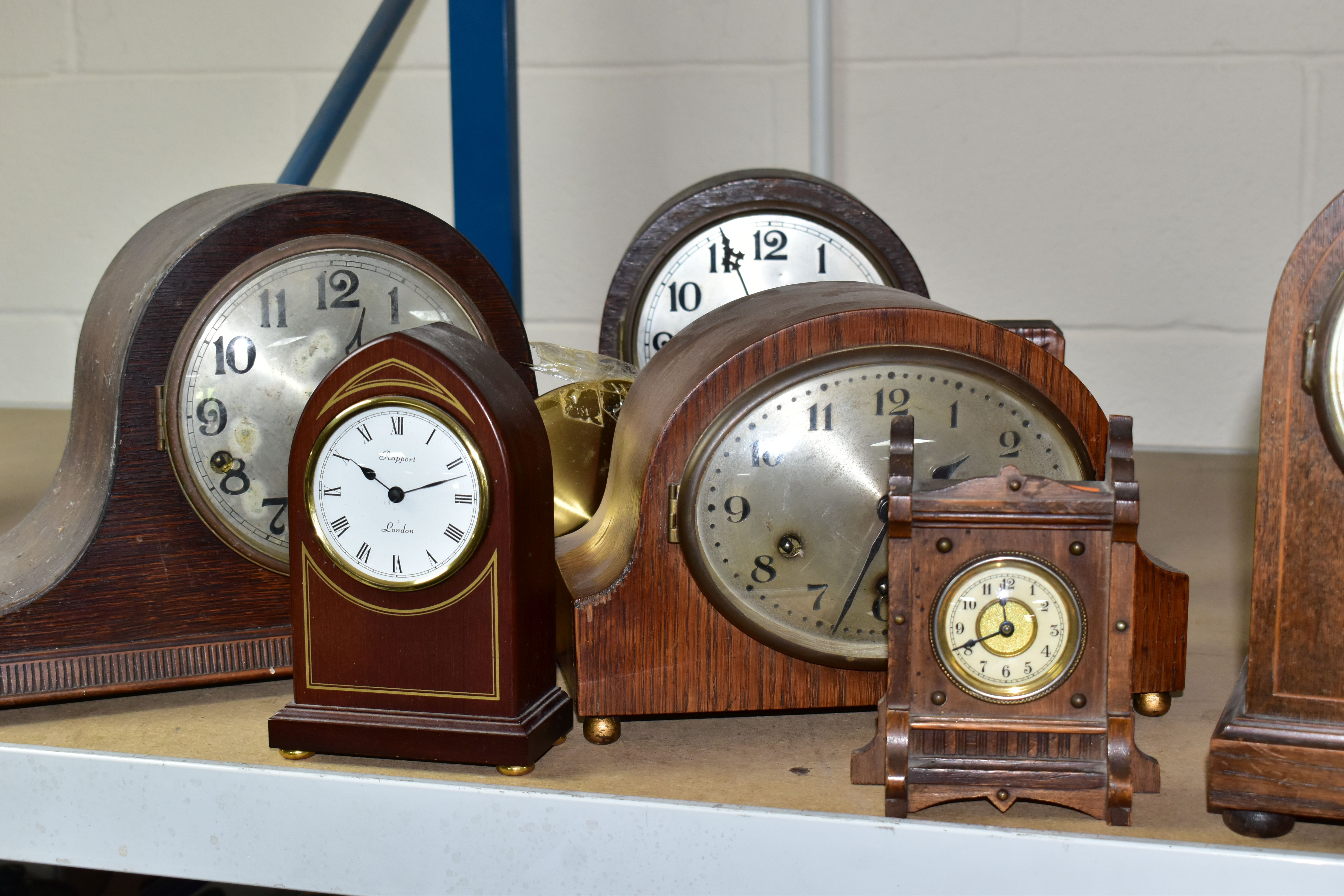 A QUANTITY OF CLOCKS AND TWO BAROMETERS, comprising two dome shaped clocks with Marquetry, height of - Image 3 of 6