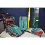 A BOSCH ROTAK 37-14 ERGO LAWN MOWER with grass box along with a Bosch AHS50-16 electric hedge