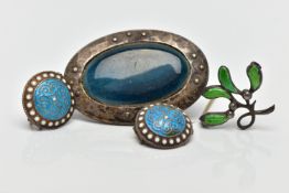 A 'CHARLES HORNER' MISILTOE BROOCH AND THREE OTHERS, silver and green enamel mistletoe brooch,