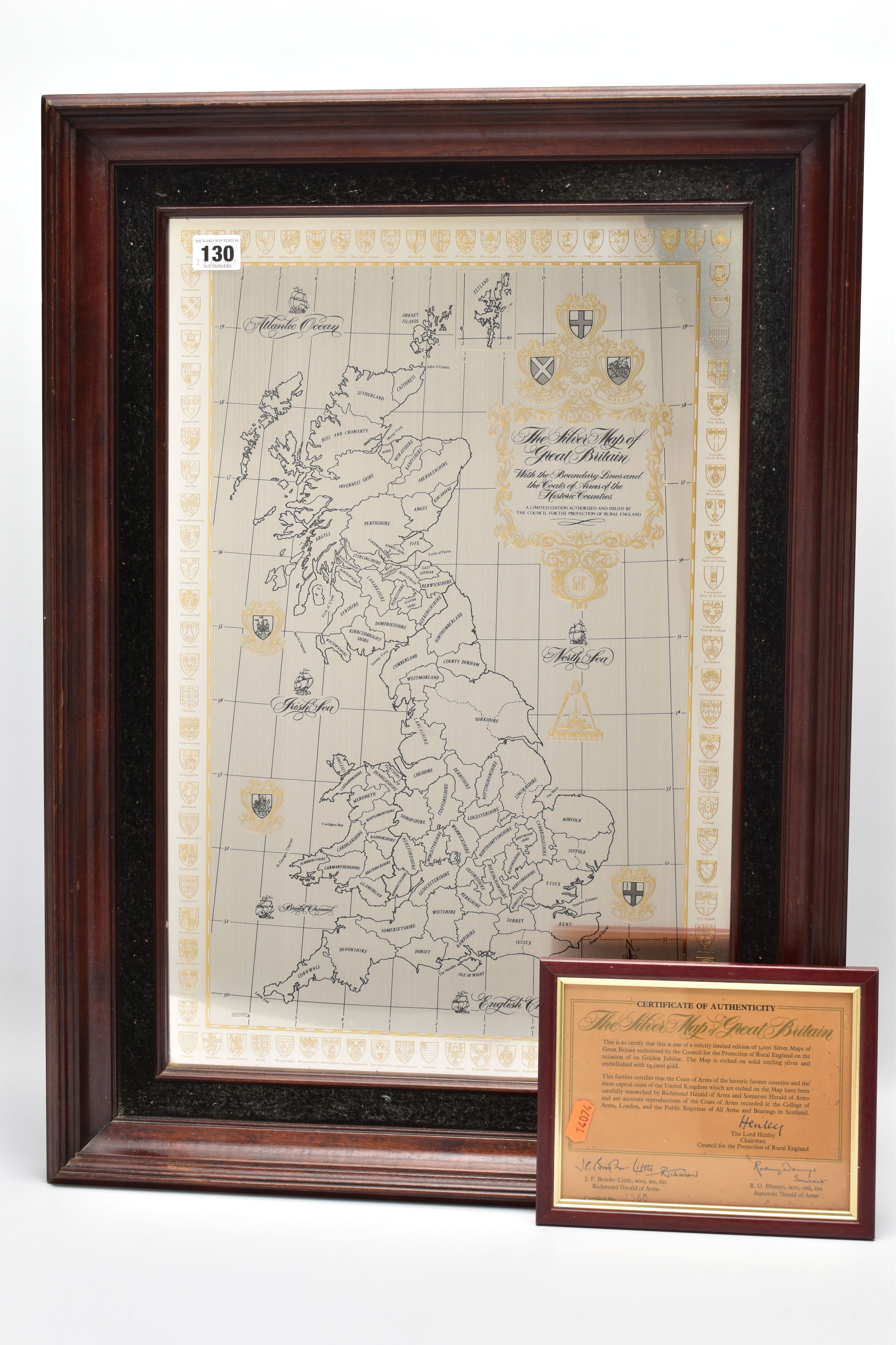 A SILVER MAP OF GREAT BRITAIN, etched with the boundary lines and coats of arms of the historic
