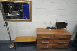 A MODERN SIDEBOARD WITH SIX DRAWERS, width 122cm x depth 51cm x height 76cm, a standard lamp, a pair