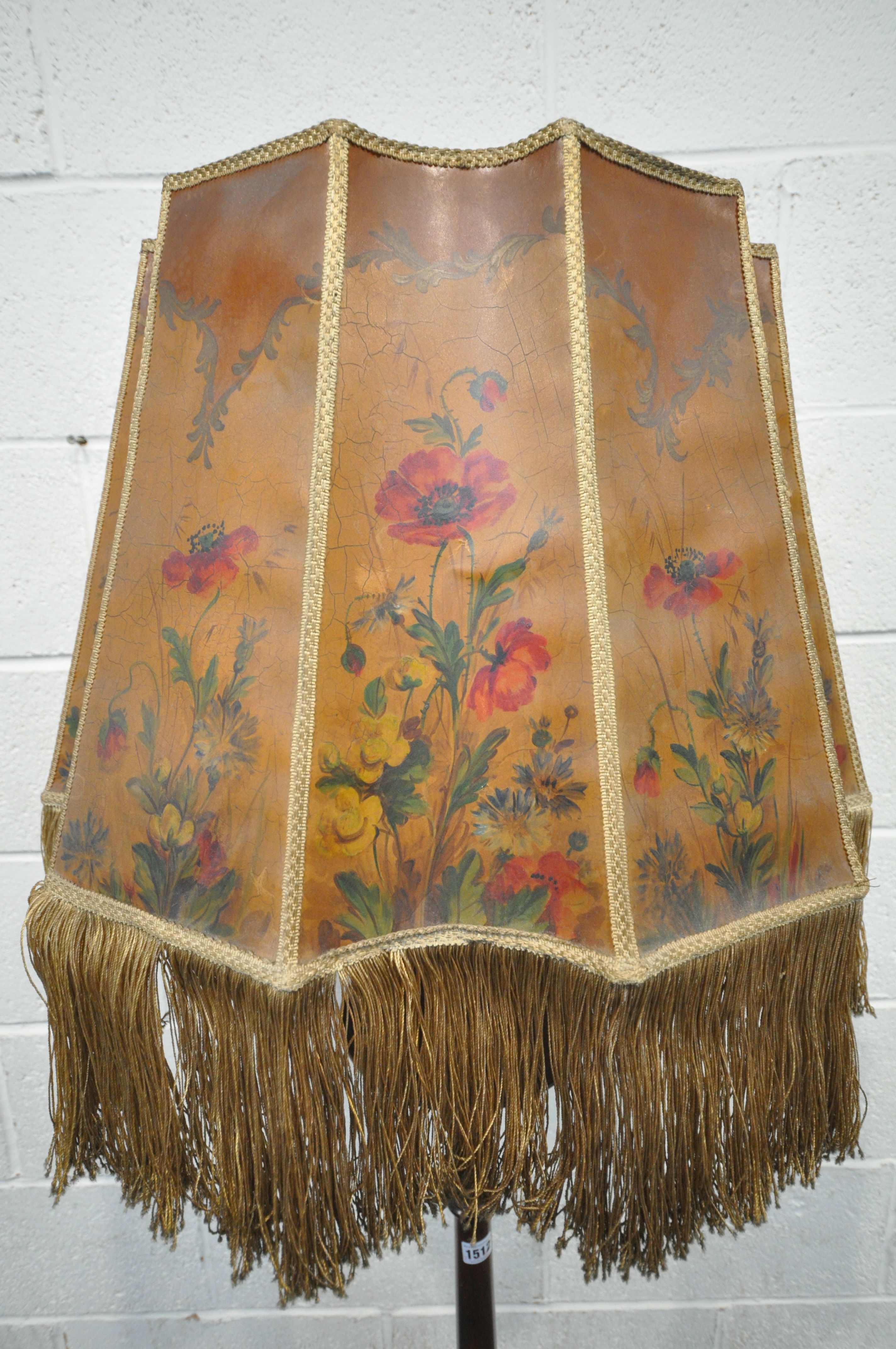 AN EARLY 20TH CENTURY MAHOGANY STANDARD LAMP, with a single shelf, hand painted shade, height with - Image 3 of 5