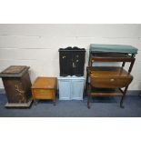 AN OAK DROP LEAF TEA TROLLEY, two painted double door cabinets, an Edwardian commode, a marbleized