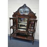 AN EARLY 20TH CENTURY MAHOGANY DISPLAY CABINET, carved foliate decoration, above a shaped bevelled