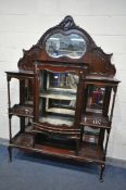 AN EARLY 20TH CENTURY MAHOGANY DISPLAY CABINET, carved foliate decoration, above a shaped bevelled