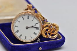 AN EARLY 20TH CENTURY GOLD POCKET WATCH AND PIN, a yellow gold open face pocket watch, round white