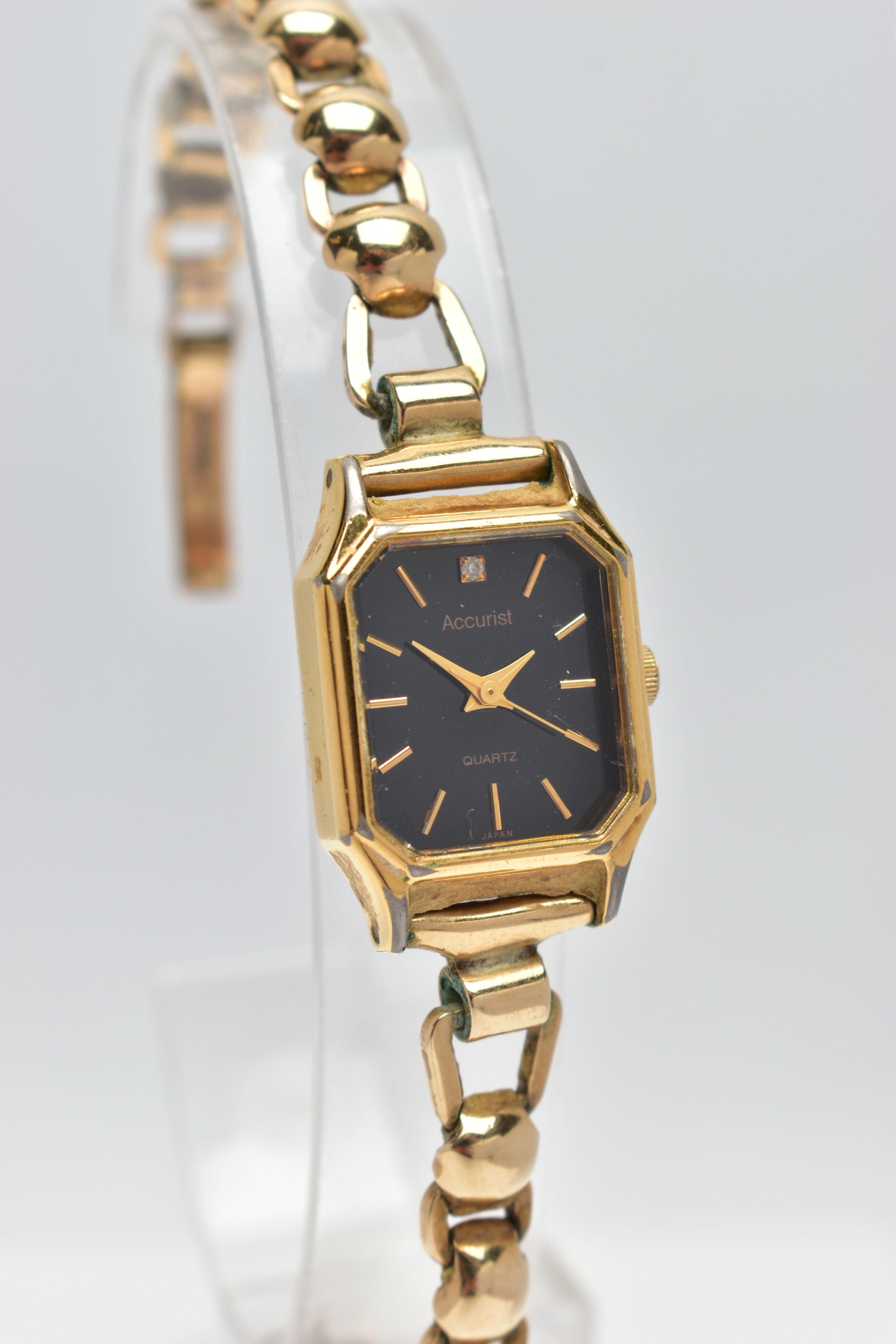 A LADIES 1950's 'ACCURIST' WRISTWATCH WITH 9CT GOLD STRAP, the octagonal black dial, signed ' - Image 2 of 6
