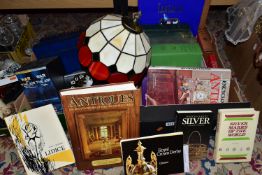 TWO BOXES OF BOOKS AND SUNDRY ITEMS, thirteen books to include antiques, antiquarian titles and