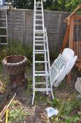 AN ALUMINIUM DOUBLE EXTENSION LADDER 3.5m long closed and a set of aluminium steps (2)