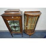 AN EDWARDIAN MAHOGANY AND INLAID SINGLE DOOR DISPLAY CABINET, width 56cm x depth 34cm x height