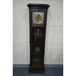 A 20TH CENTURY OAK CHIMING LONGCASE CLOCK, with a full length door, enclosing a brass and silvered