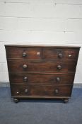 A GEORGIAN MAHOGANY CHEST OF TWO SHORT OVER THREE LONG GRADUATED DRAWERS, with turned handles, on