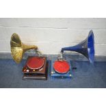 A HIS MASTERS VOICE WIND UP GRAMOPHONE, with a brass horn (faulty mechanism) and a His masters Voice