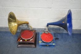 A HIS MASTERS VOICE WIND UP GRAMOPHONE, with a brass horn (faulty mechanism) and a His masters Voice
