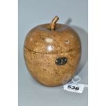 A REPRODUCTION FRUIT WOOD TEA CADDY IN THE FORM OF AN APPLE, hinged, metal lining, brass